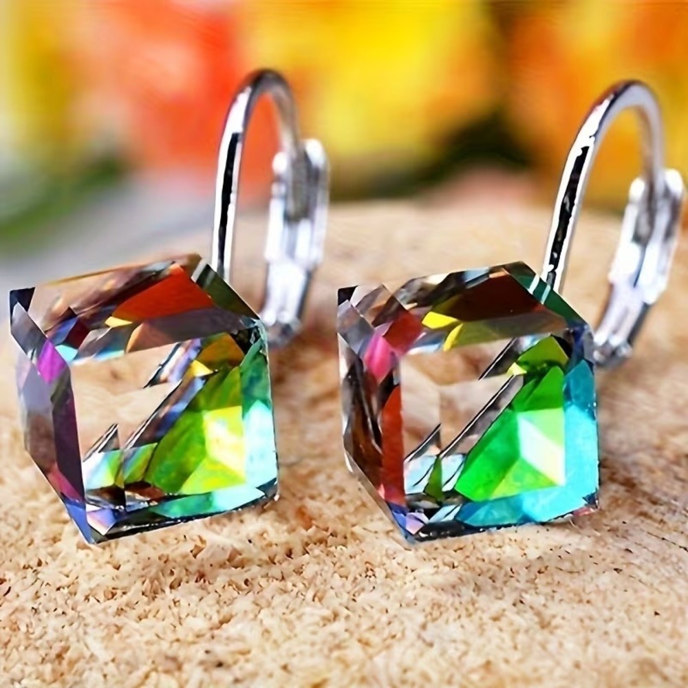 Iridescent Cube Drop Earrings Rainbow Crystal Leverback Geometric Silver Tone